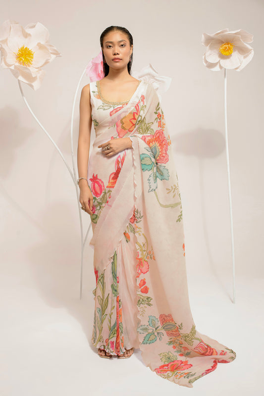 PRE-DRAPED IVORY WHITE SAREE