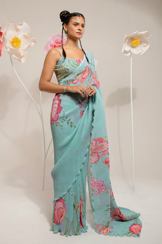PRE-DRAPED EMERALD GREEN SAREE