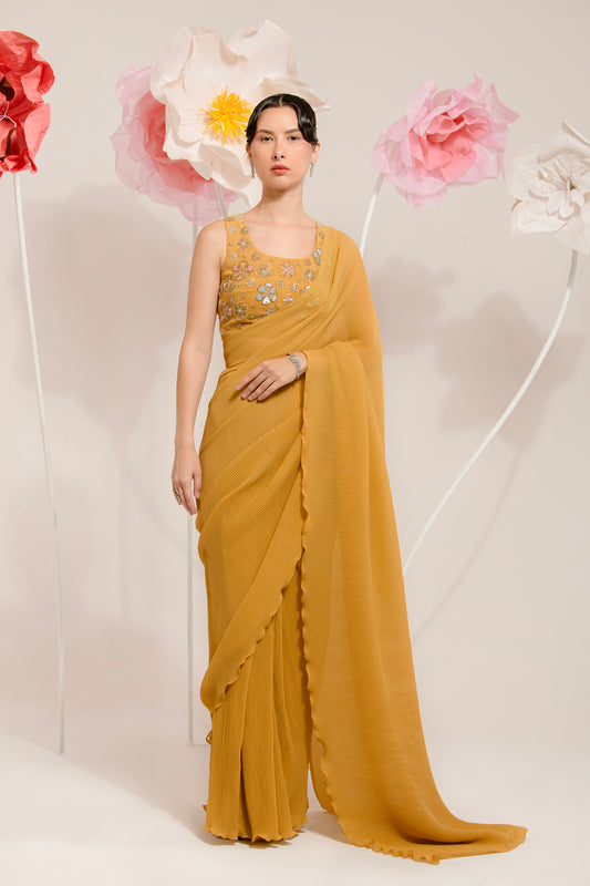 PRE-DRAPED MUSTRED YELLOW SAREE