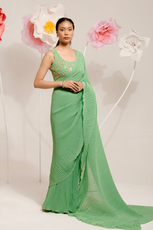 PRE-DRAPED GRASSY GREEN SAREE