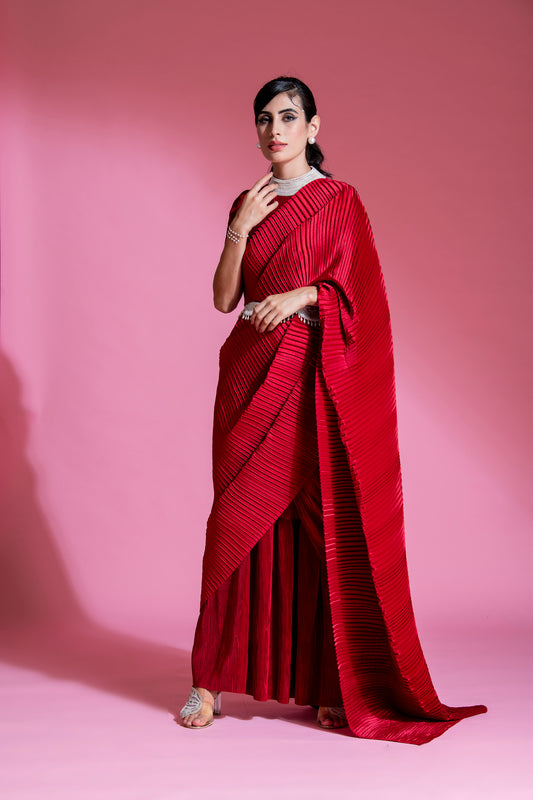 ROSE RED SAREE EMBRODED NECK BLOUSE WITH BELT