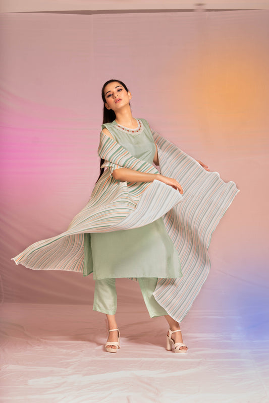 Sea Foam Green kurta set with stripe pleated cape