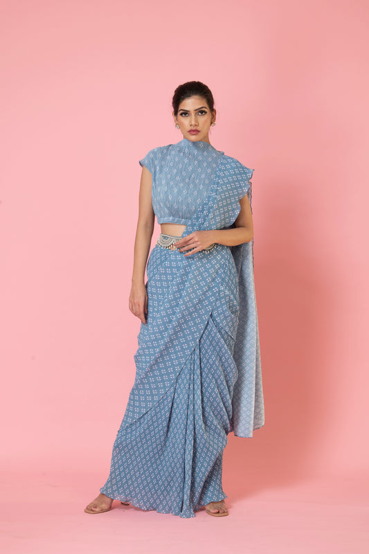 Pre-Draped Ash Grey Digital Print Saree