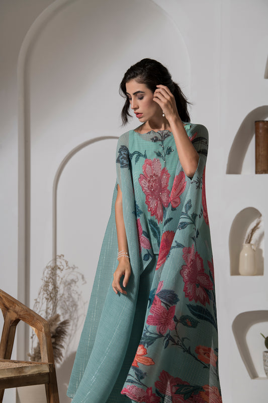 DUSTY JADE GREEN FLOWER KAFTAN WITH PANT SET