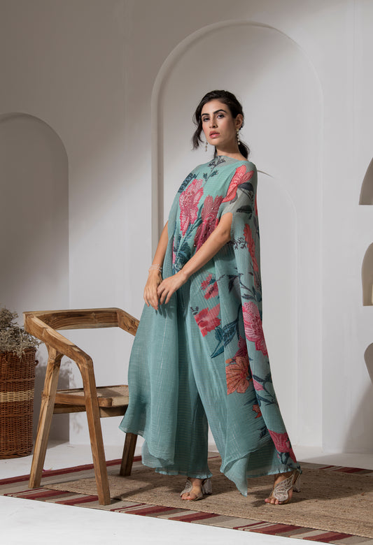 DUSTY JADE GREEN FLOWER KAFTAN WITH PANT SET
