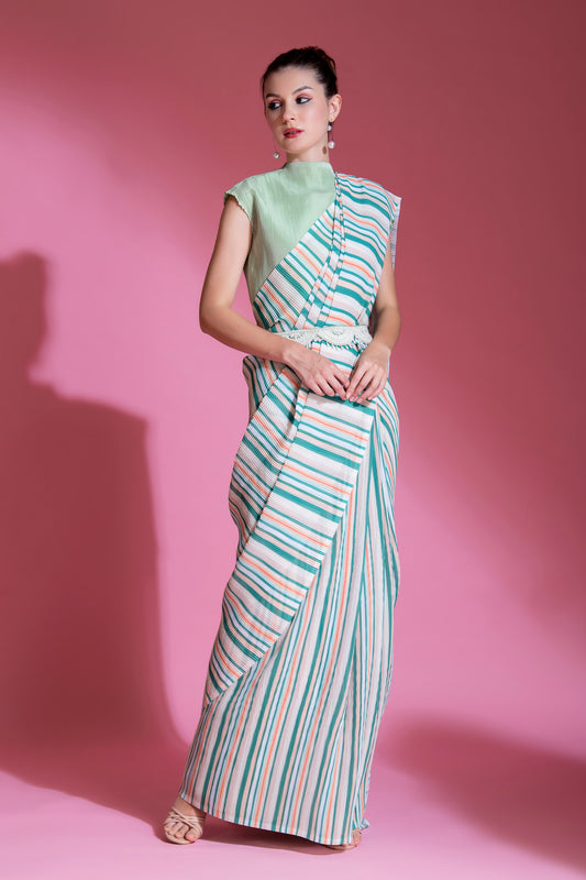 Pre-Draped Sea Foam Green Pleated saree