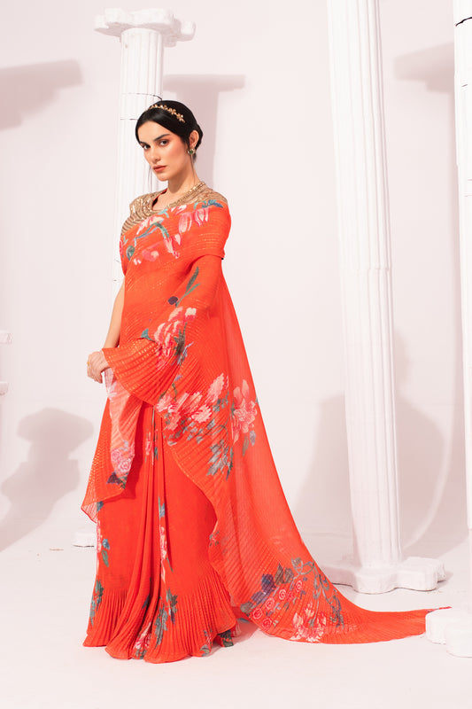 WILDFLOWER MUSE ORANGEY RED PRE-DRAPED SAREE