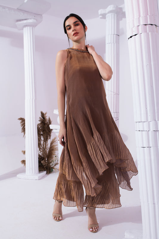 METALIC CHESTNUT HIGH NECK KURTA SET