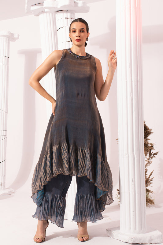 METALIC STEEL BLUE  HIGH NECK KURTA SET