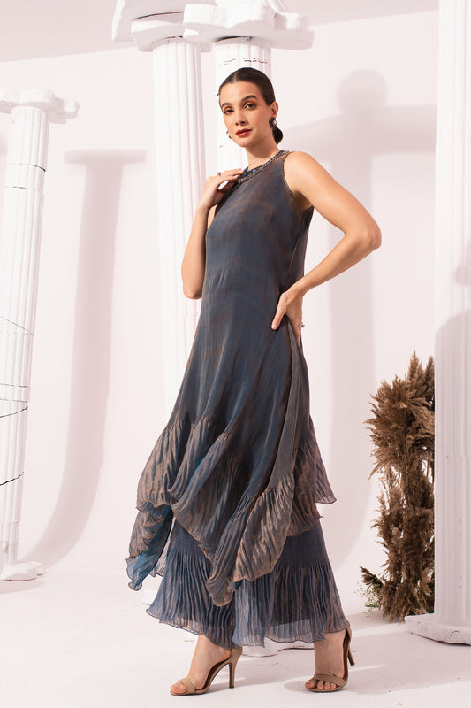 METALIC STEEL BLUE HIGH NECK KURTA SET