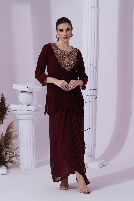 METALIC WINE RED KURTA DHOTI SET