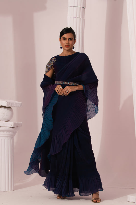 METALIC PEACOCK BLUE PRE-DRAPED SAREE