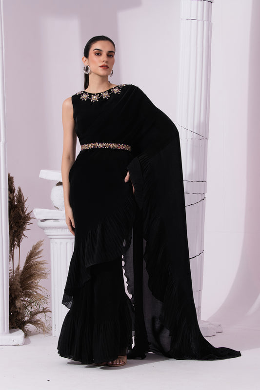METALIC JET BLACK PRE-DRAPED SAREE