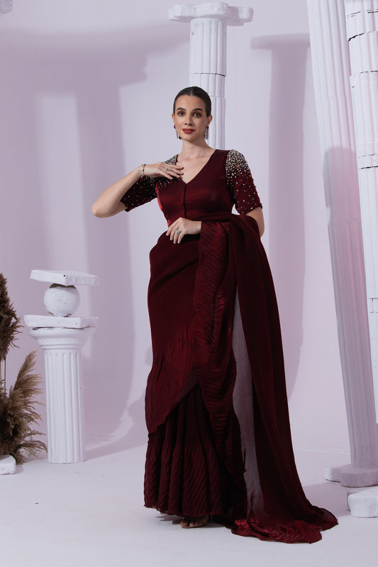 METALIC WINE RED PRE-DRAPED SAREE
