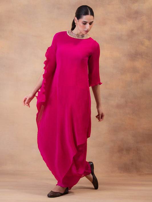'FUCHSIA FLOW' DRAPE TUNIC WITH DHOTI PANTS