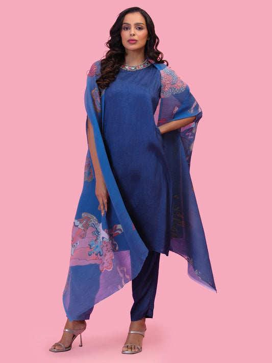 BRAHMAND BLUE DRAPED DRESS WITH OVERLAY JACKET