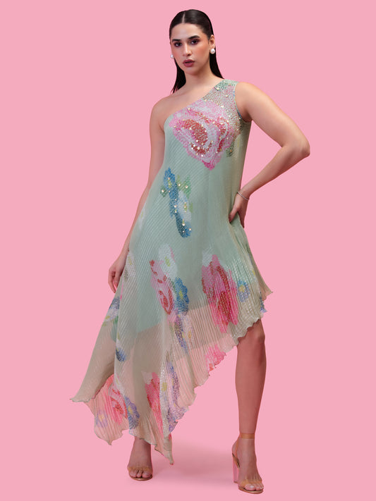 PETALS BREEZE SOFT PISTACHIO ONE SHOULDER DRESS