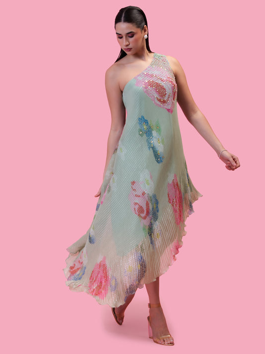 PETALS BREEZE SOFT PISTACHIO ONE SHOULDER DRESS