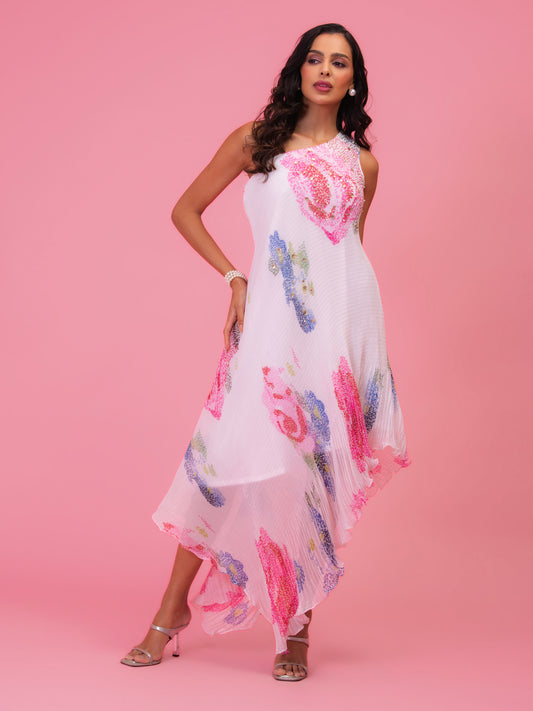 'PETALS POETRY' IVORY ONE SHOULDER DRESS