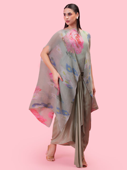 'PETALS BREEZE' SOFT PISTACHIO KAFTAN AND DRAPE SKIRT