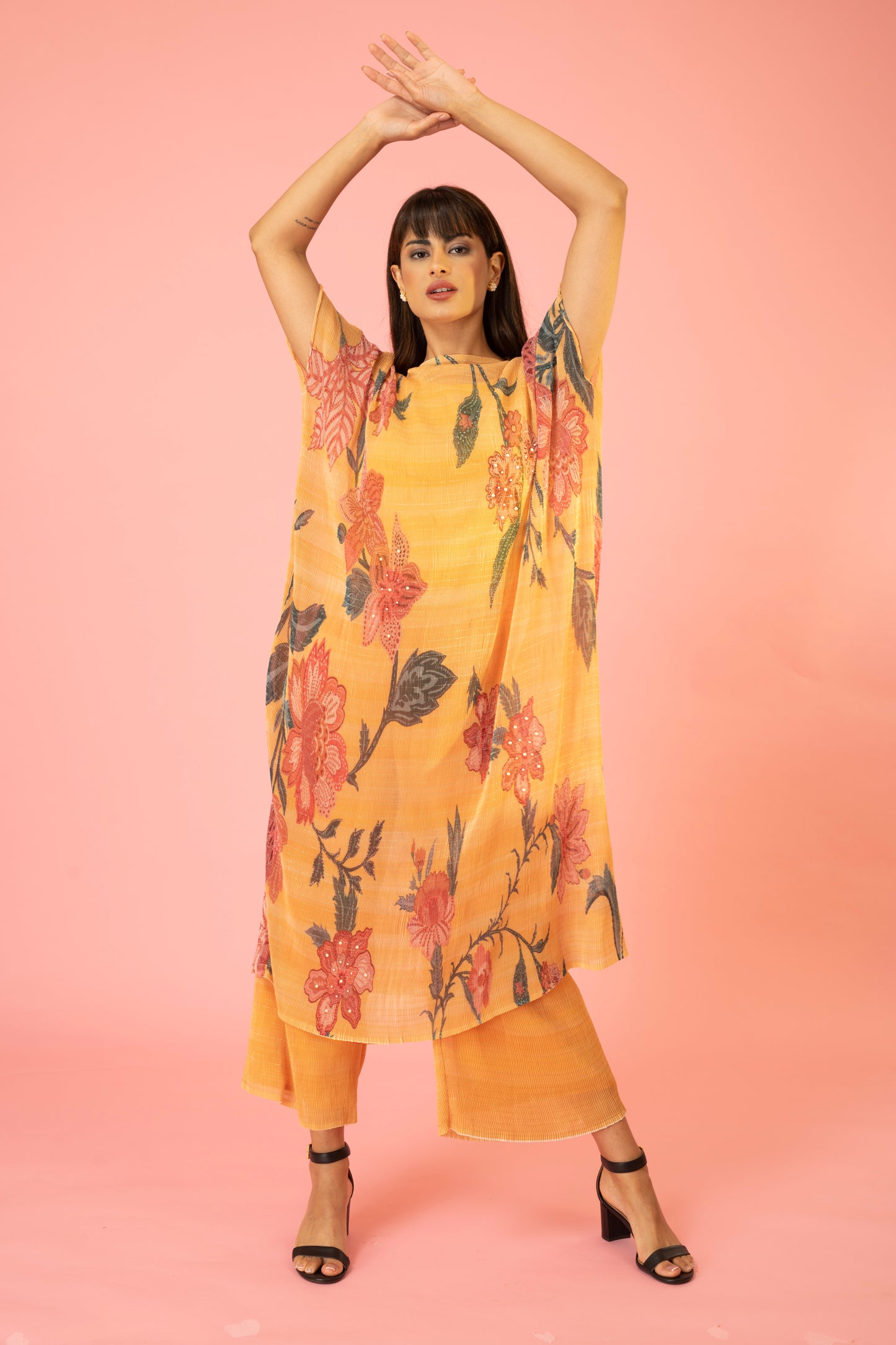 Golden Yellow Flower Print Pleated CO-Ord SET