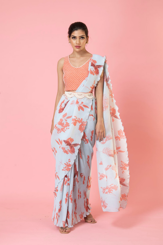 Pre-draped Bird Digital print Saree