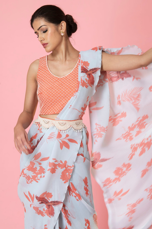 Pre-draped Bird Digital print Saree
