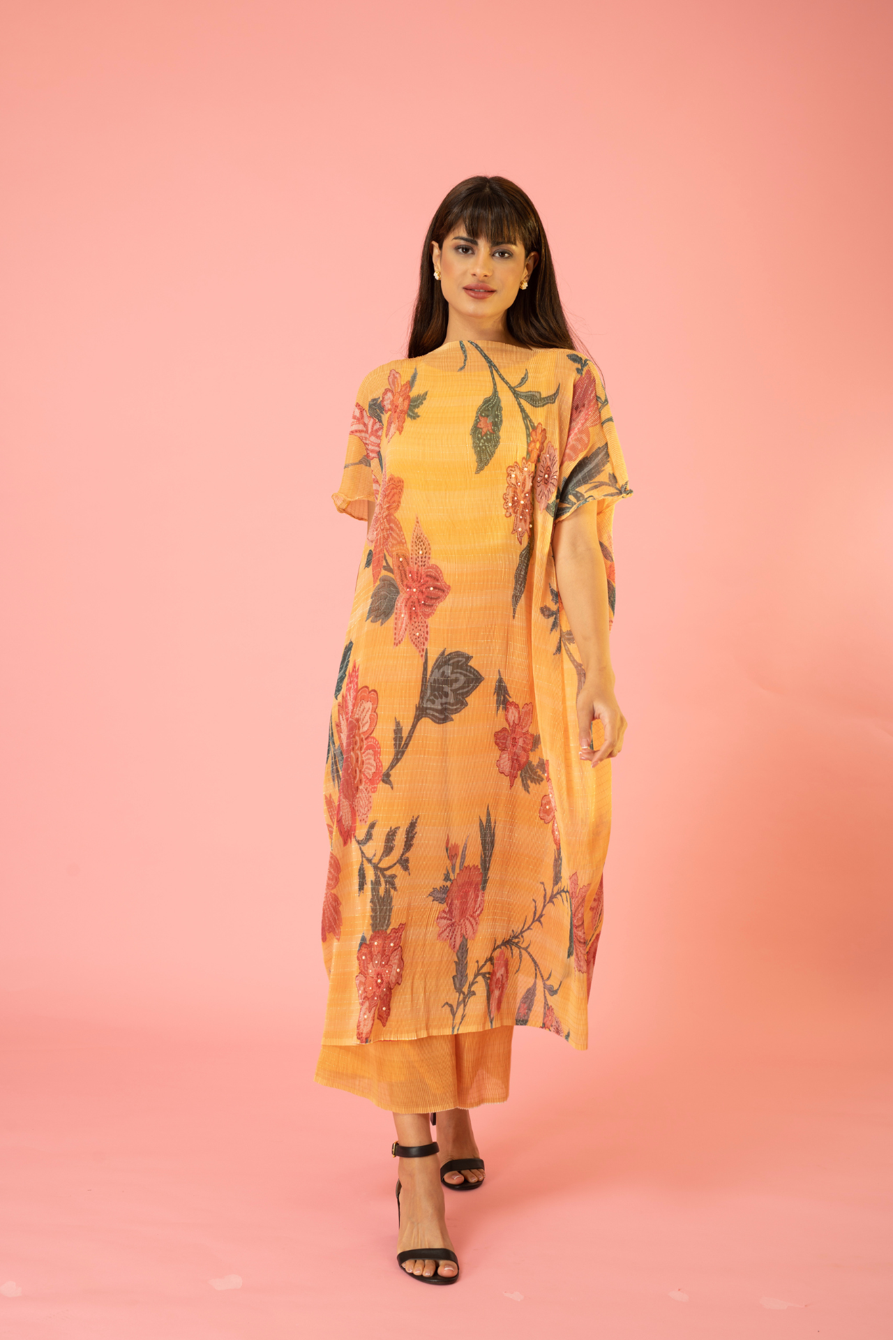 Golden Yellow Flower Print Pleated CO-Ord SET