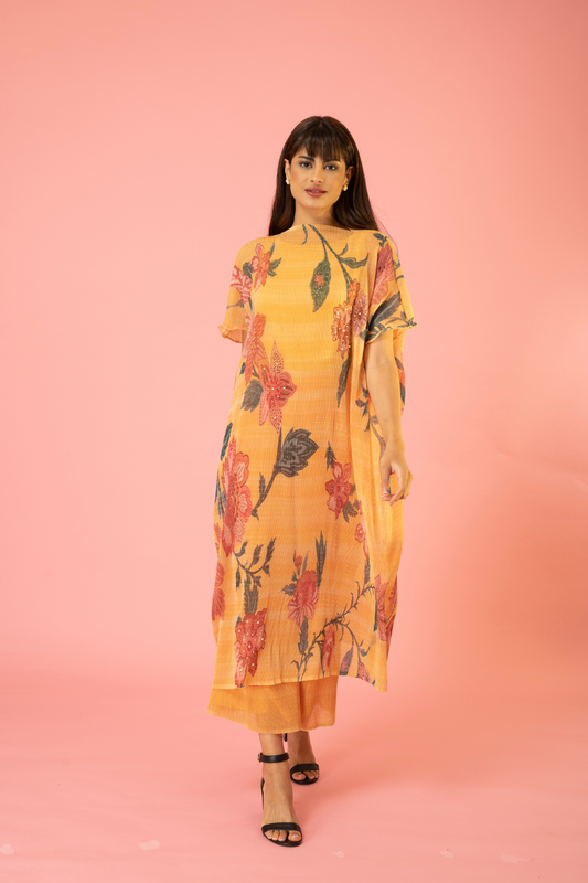 Golden Yellow Flower Print Pleated CO-Ord SET