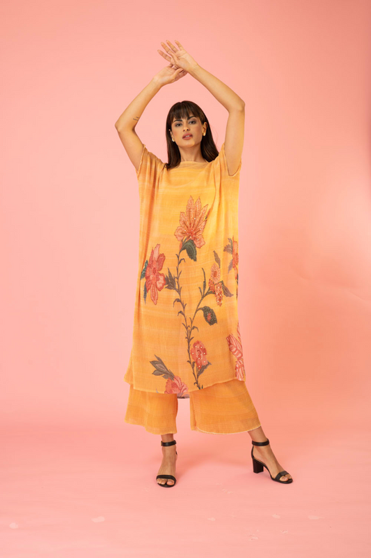 Golden Yellow Flower Print Pleated CO-Ord Set
