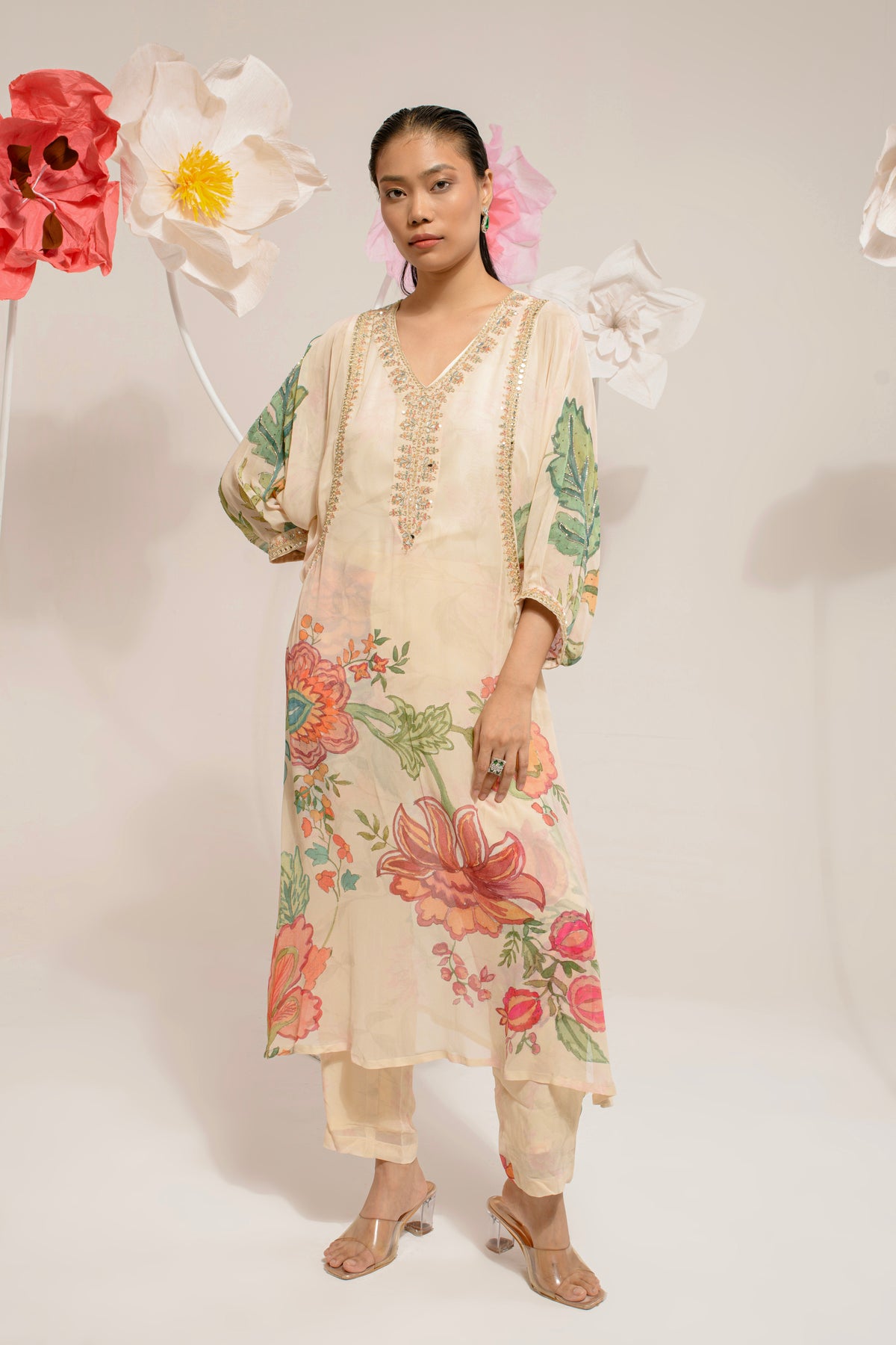 CREAM DIGITAL PRINT KURTA SET