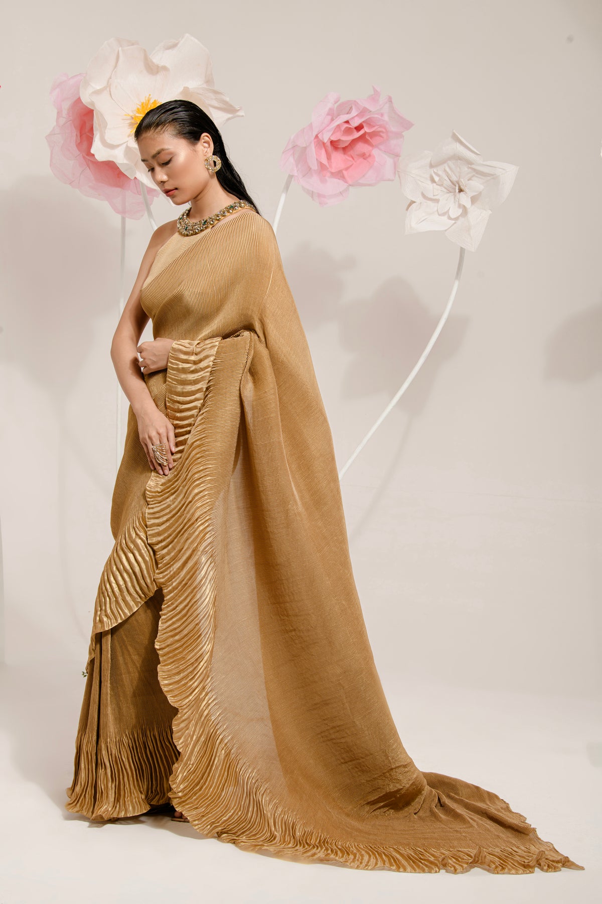 PRE-DRAPED GOLDEN SAREE