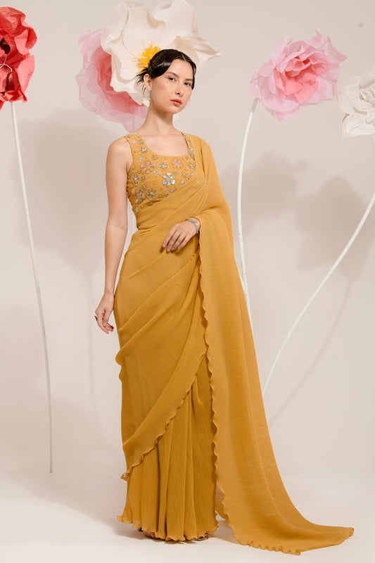 PRE-DRAPED MUSTRED YELLOW SAREE