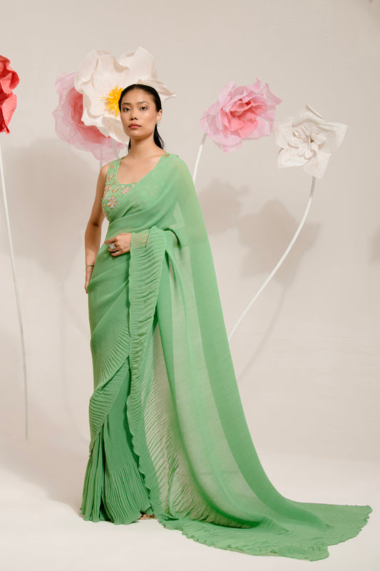 PRE-DRAPED GRASSY GREEN SAREE