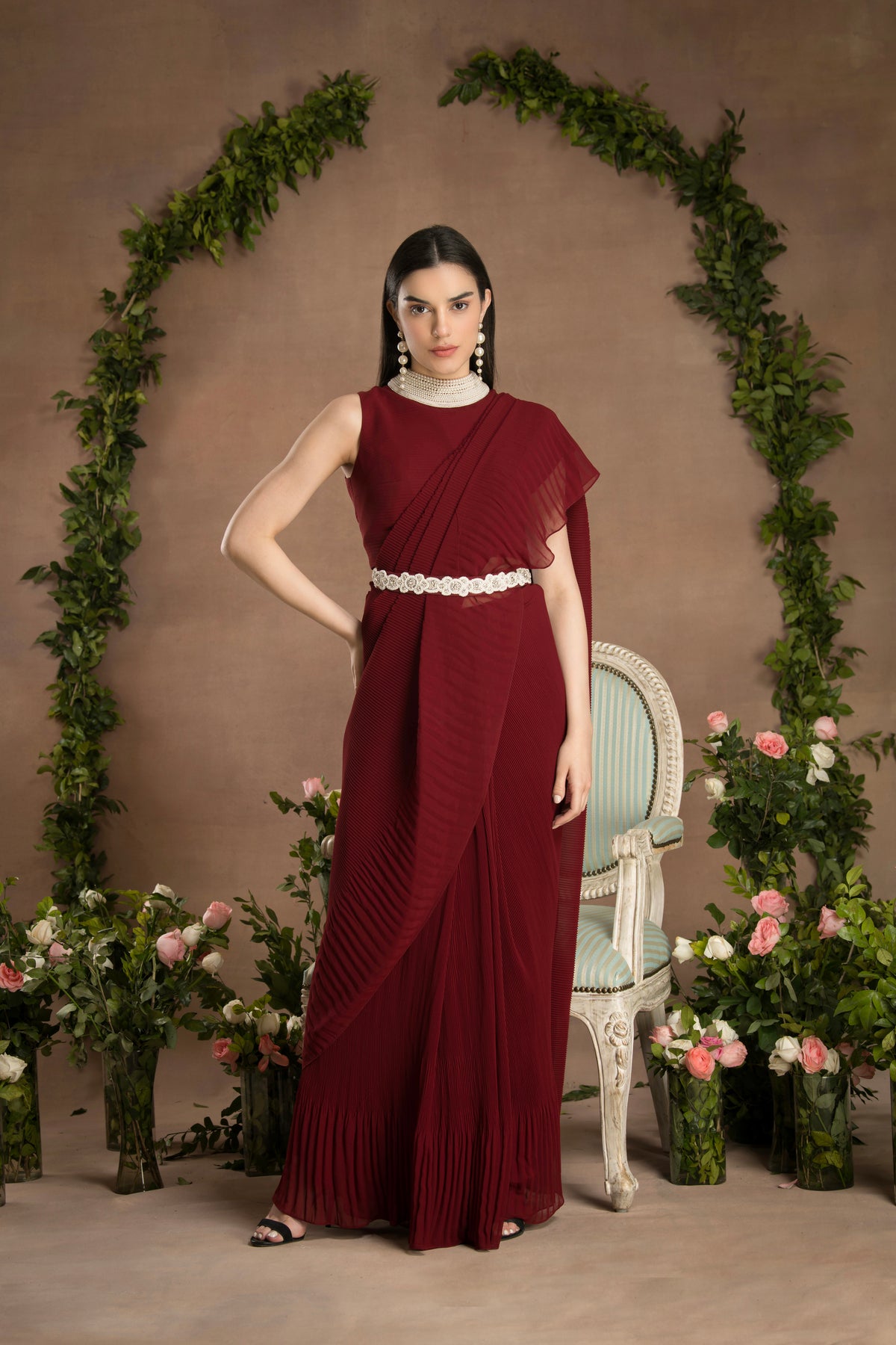 PRE-DRAPED ROSE RED SAREE