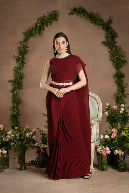 PRE-DRAPED ROSE RED SAREE