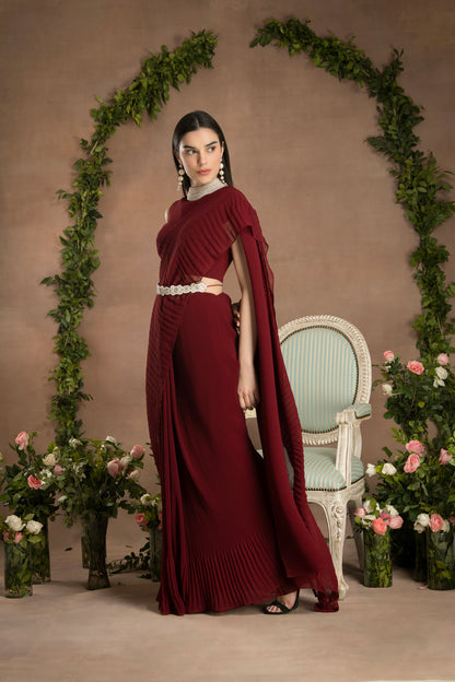 PRE-DRAPED ROSE RED SAREE