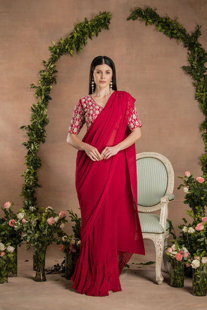 PRE-DRAPED RUBY RED SAREE