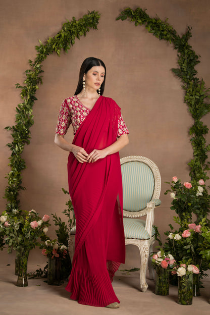 PRE-DRAPED RUBY RED SAREE