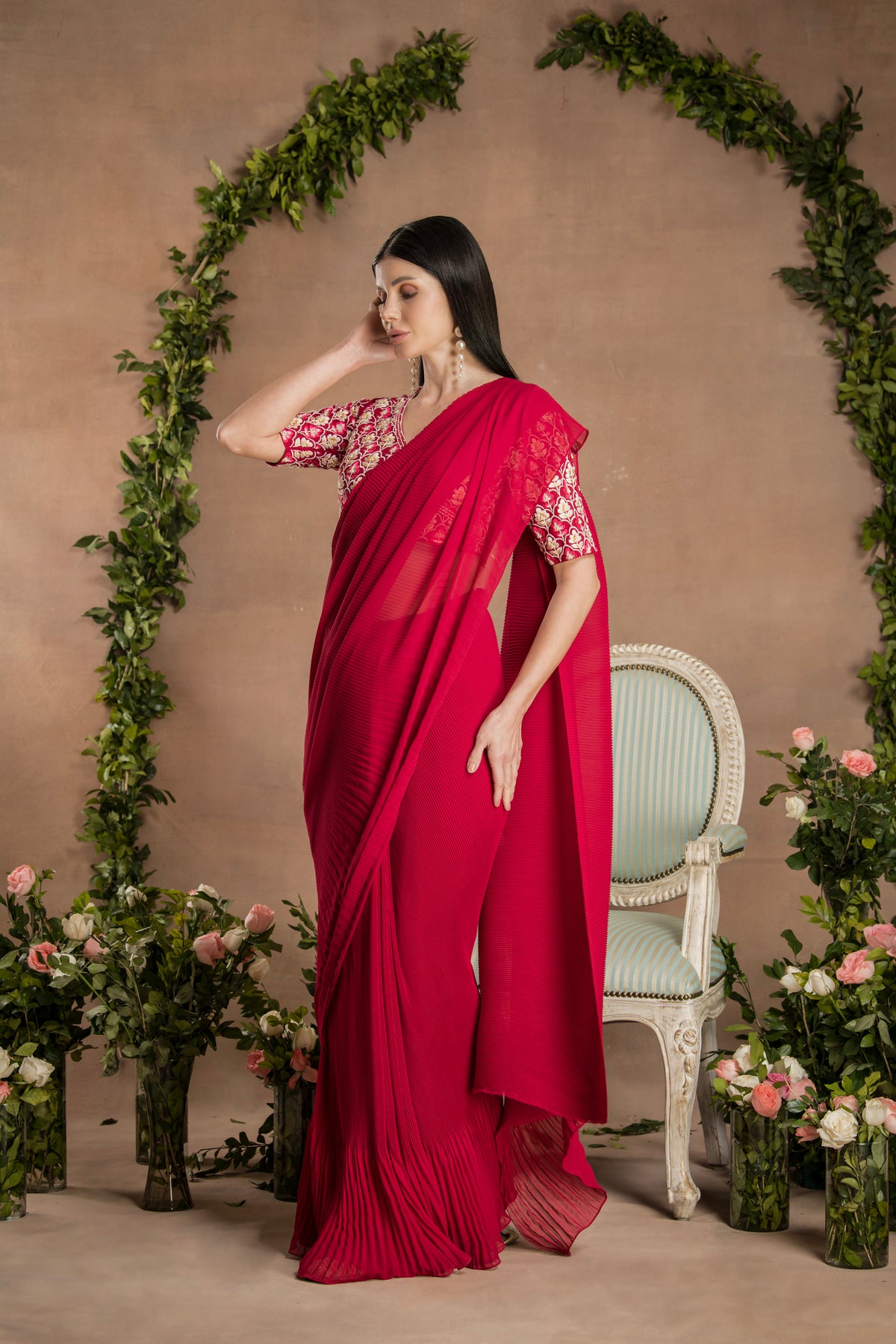 PRE-DRAPED RUBY RED SAREE