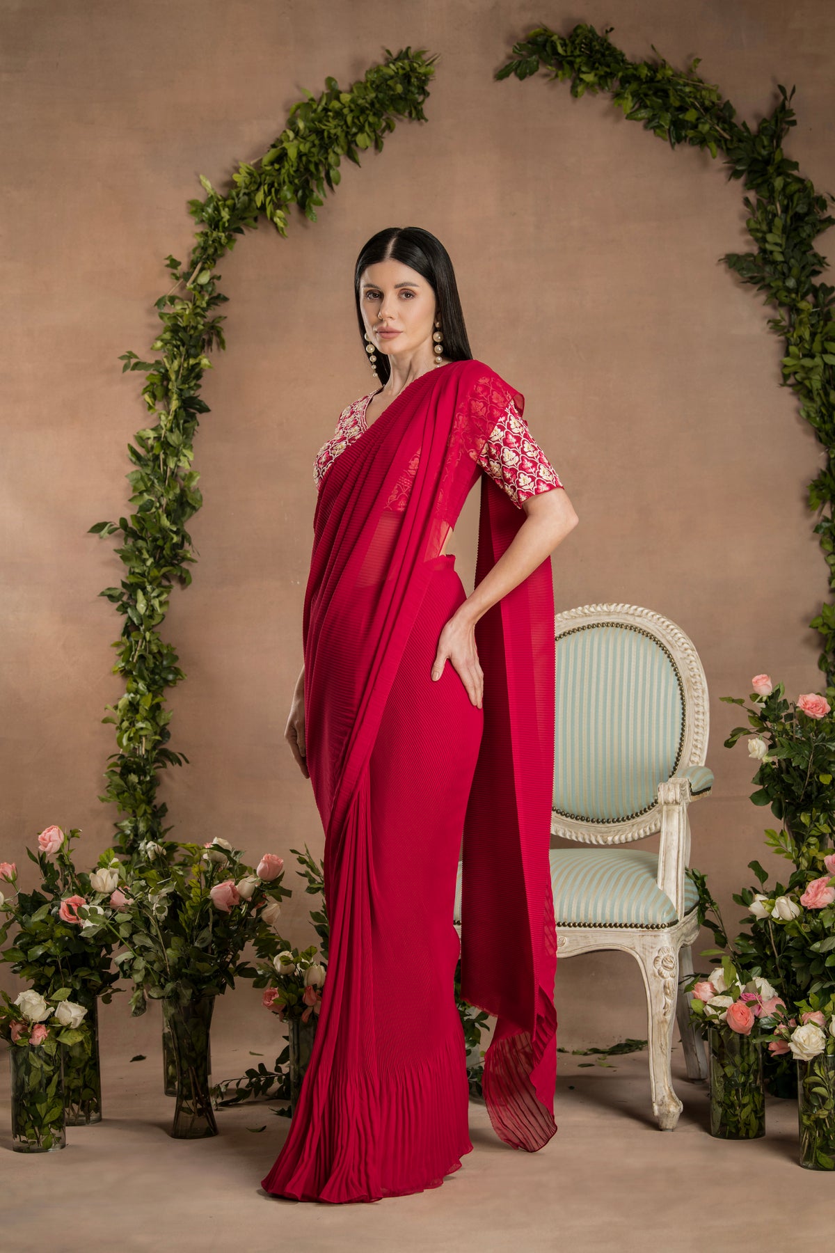 PRE-DRAPED RUBY RED SAREE