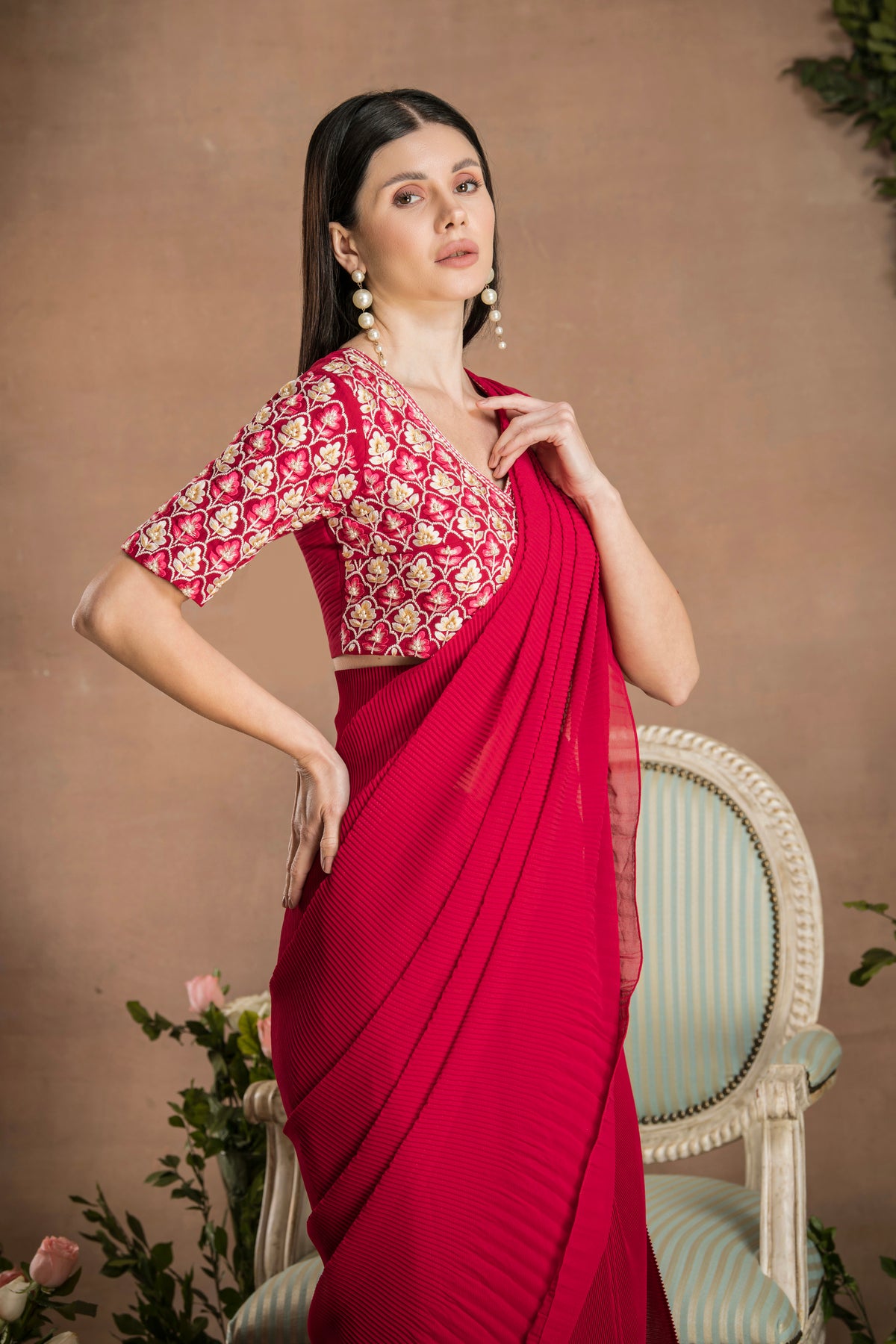 PRE-DRAPED RUBY RED SAREE