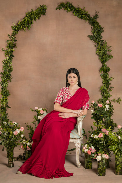 PRE-DRAPED RUBY RED SAREE