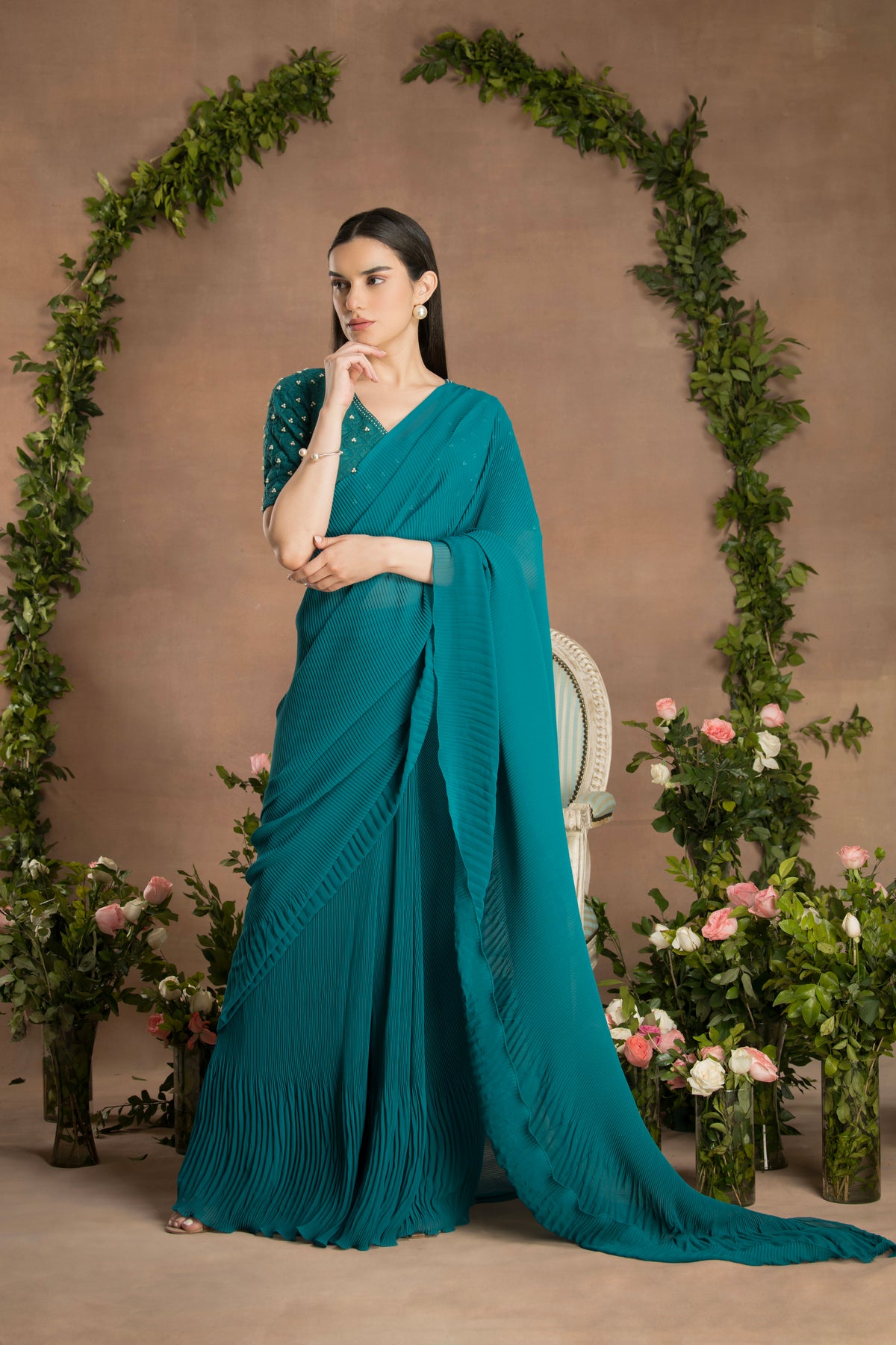 PRE-DRAPED PINE GREEN SAREE