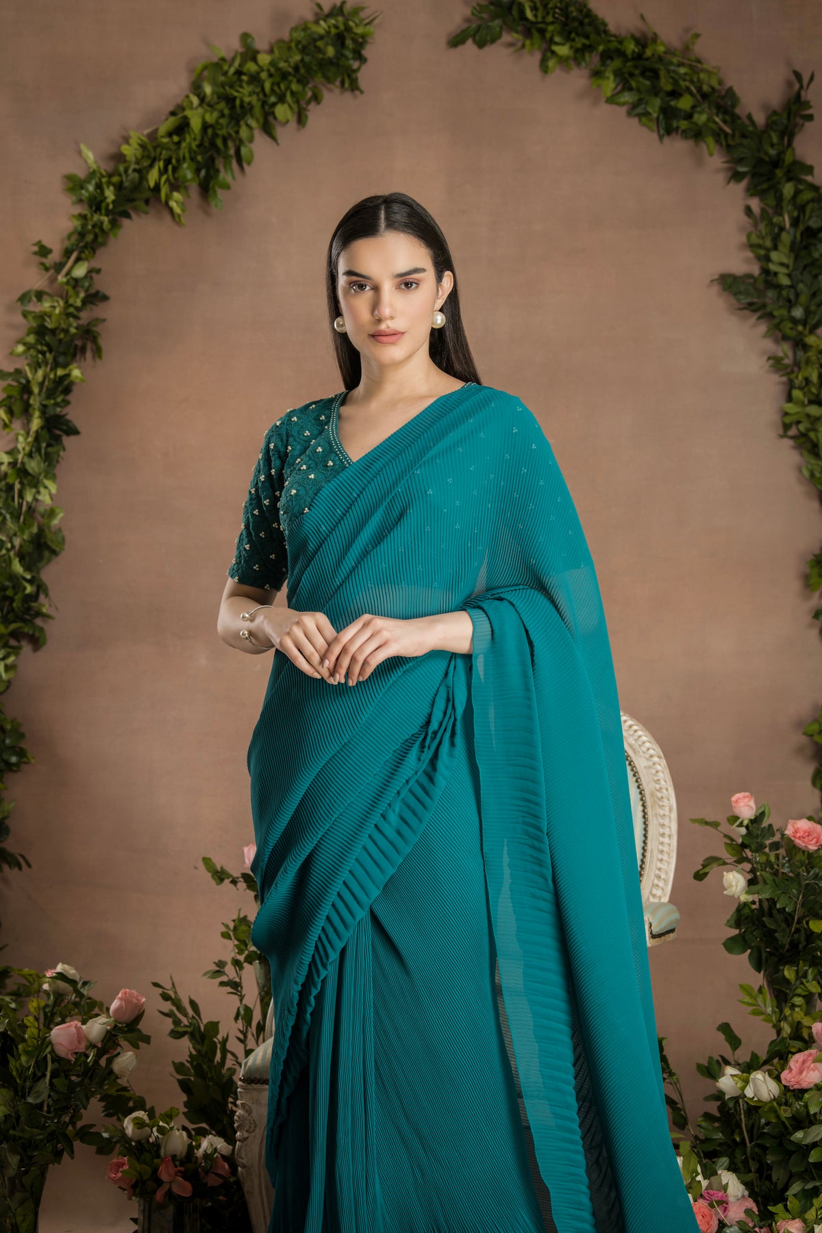 PRE-DRAPED PINE GREEN SAREE