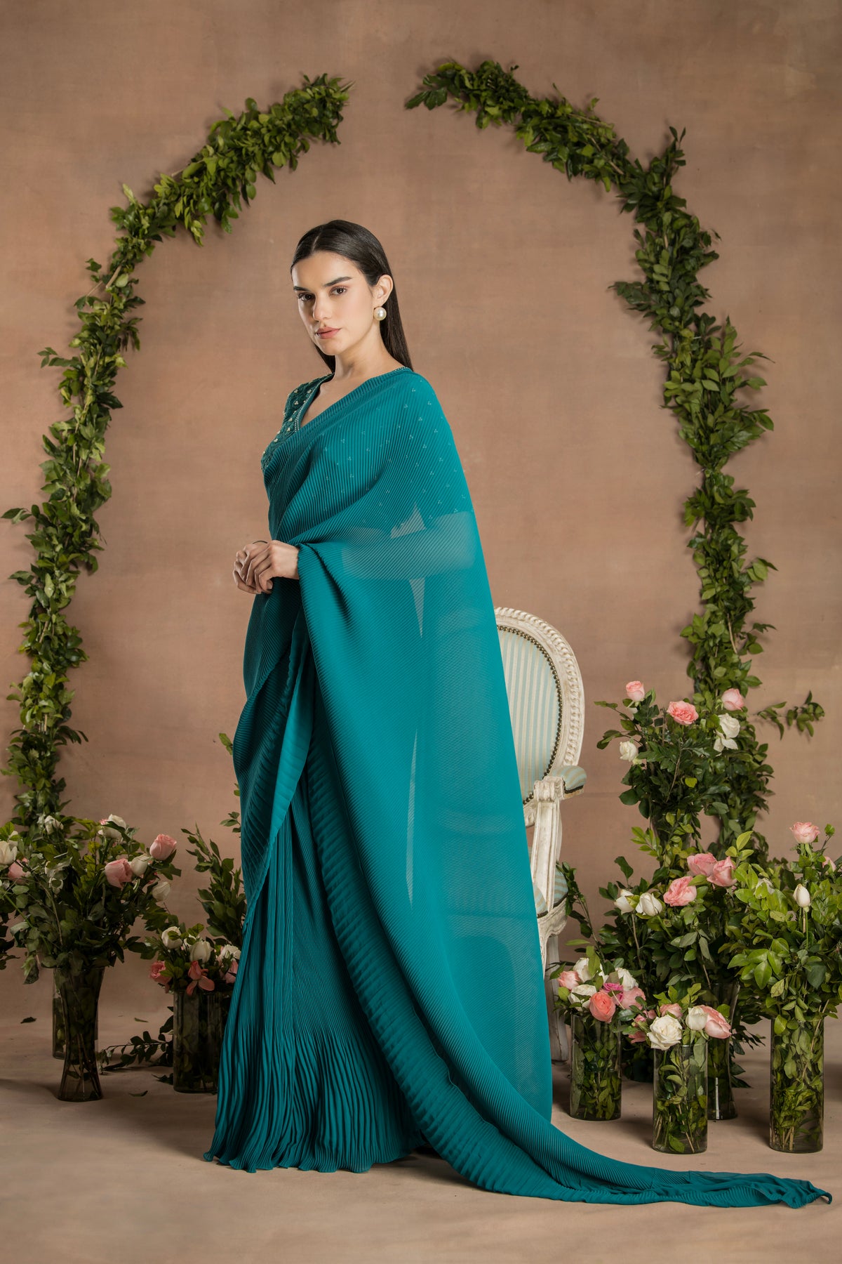 PRE-DRAPED PINE GREEN SAREE