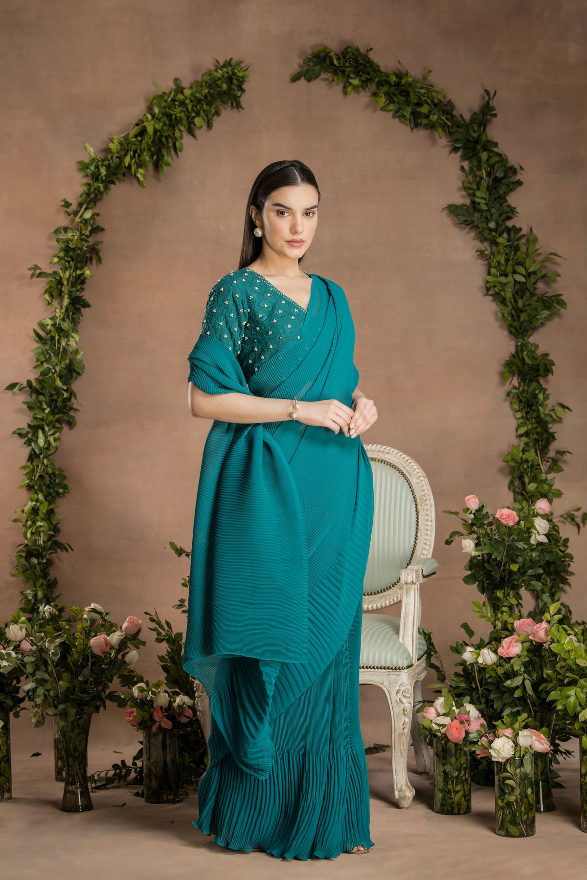 PRE-DRAPED PINE GREEN SAREE