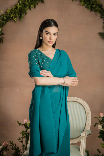 PRE-DRAPED PINE GREEN SAREE