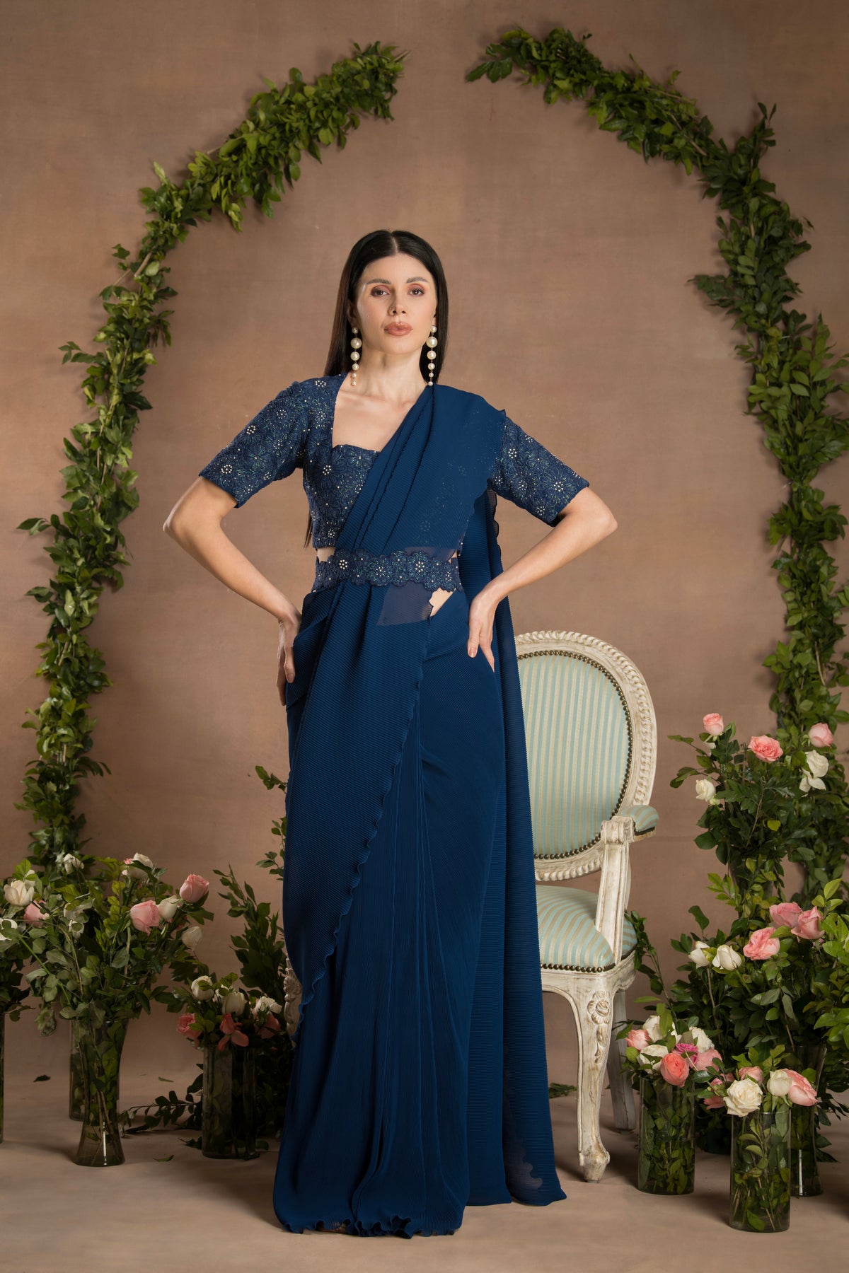 PRE-DRAPED MID NIGHT NAVY BLUE SAREE