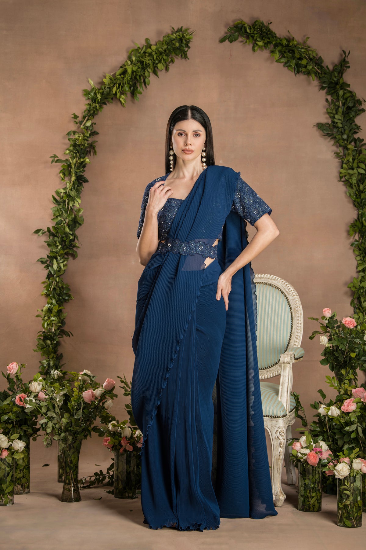 PRE-DRAPED MID NIGHT NAVY BLUE SAREE